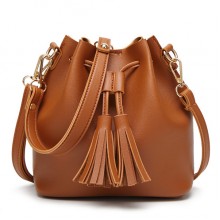 Women PU Leather Drawstring Bucket Bags Retro Tassel Shoulder Bags Crossbody Bags