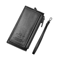 DEABOLAR Men Long Wallet Retro PU Soft Leather Hand Strap Clutch Mobile Phone Bag  Black