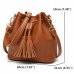 Women PU Leather Drawstring Bucket Bags Retro Tassel Shoulder Bags Crossbody Bags